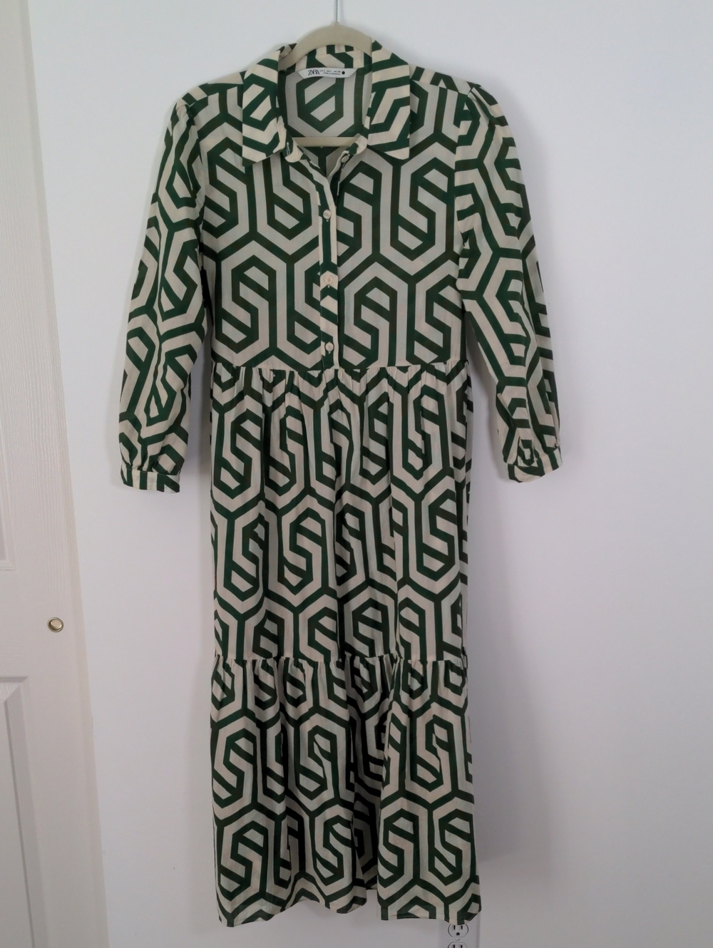 Zara Green and Cream Geometric Maxi Shirt Dress - Size Large